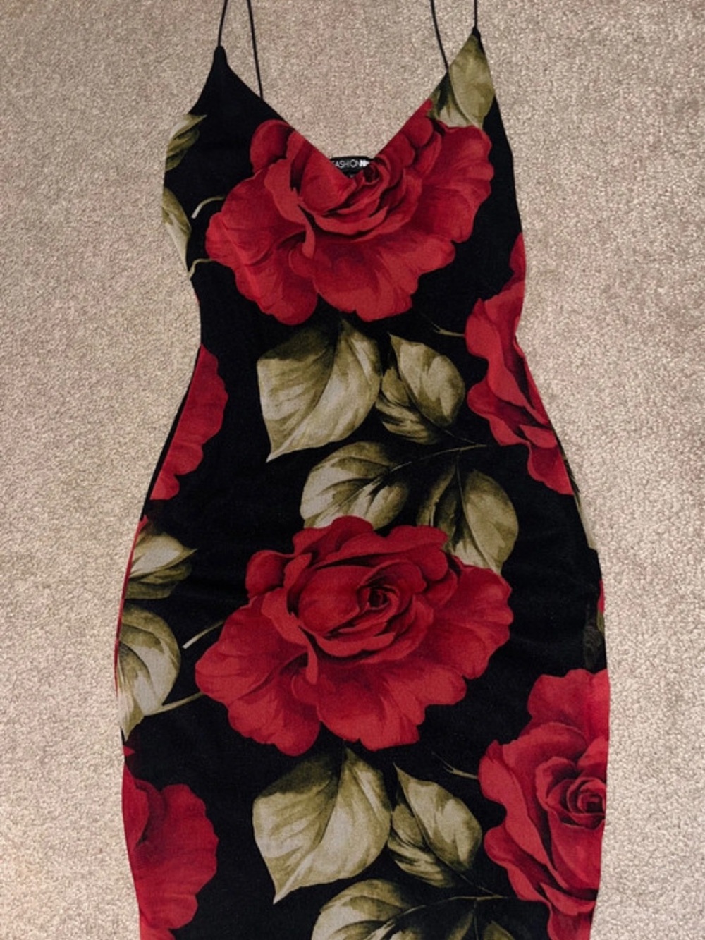 Fashion Nova Black Mini Dress with Red Rose Print
